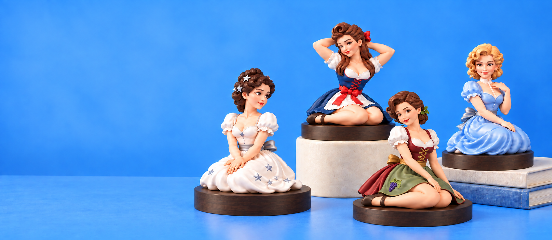 Vier österreichische Art-Toy-Sammelfiguren auf dunklen Holzsockeln, mit einem cremefarbenen Podest und Büchern vor leuchtend blauem Hintergrund arrangiert